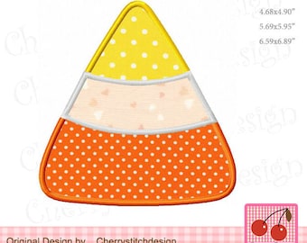 May include: A candy corn applique embroidery design in orange, yellow, and white with polka dots. The design is available in five sizes: 3.73 inches by 3.89 inches, 4.68 inches by 4.90 inches, 5.69 inches by 5.95 inches, and 6.59 inches by 6.89 inches.