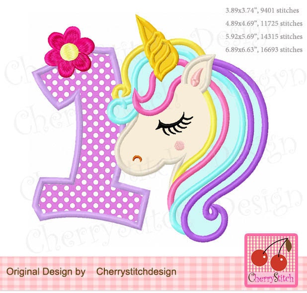 Unicorn Embroidery Birthday number 1 Flower Unicorn number 1 | Etsy
