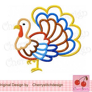 May include: A colourful cartoon turkey with a yellow, orange, brown, blue and white design. The turkey has a large tail with multiple layers of feathers.