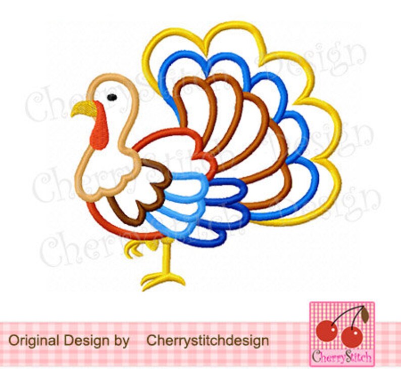 May include: A colourful cartoon turkey with a yellow, orange, brown, blue and white design. The turkey has a large tail with multiple layers of feathers.