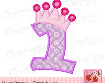 Girl Number 1 with Crown,Birthday number 1 embroidery applique design -4x4 5x7 6x10-Machine Embroidery Applique Design