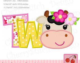 Cow Applique: Two Applique, Flowers Embroidery Design (Digital Download)