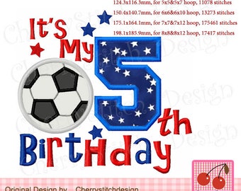 Machine embroidery My 5th Birthday Soccer ball number 5 machine applique BIR0387