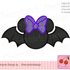 May include: A black bat-shaped design with a purple and white chevron bow, and two mouse ears. The design includes the text "Original Design by Cherrystitchdesign" and the CherryStitch logo. The design dimensions are 9.9cm x 4.9cm, 17.5cm x 8.7cm, 24.8cm x 12.3cm, and 29.8cm x 14.8cm.
