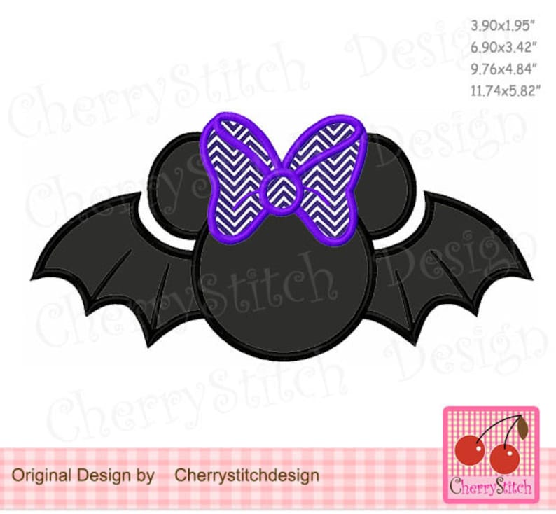 May include: A black bat-shaped design with a purple and white chevron bow, and two mouse ears. The design includes the text "Original Design by Cherrystitchdesign" and the CherryStitch logo. The design dimensions are 9.9cm x 4.9cm, 17.5cm x 8.7cm, 24.8cm x 12.3cm, and 29.8cm x 14.8cm.