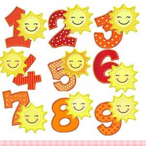 Sunshine numbers 1-9, Birthday numbers Embroidery applique design
