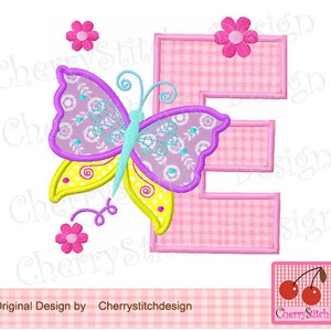 Diseño de aplique bordado a máquina con la letra E y el monograma de mariposa: 4 x 4, 5 x 5, 6 x 6 pulgadas