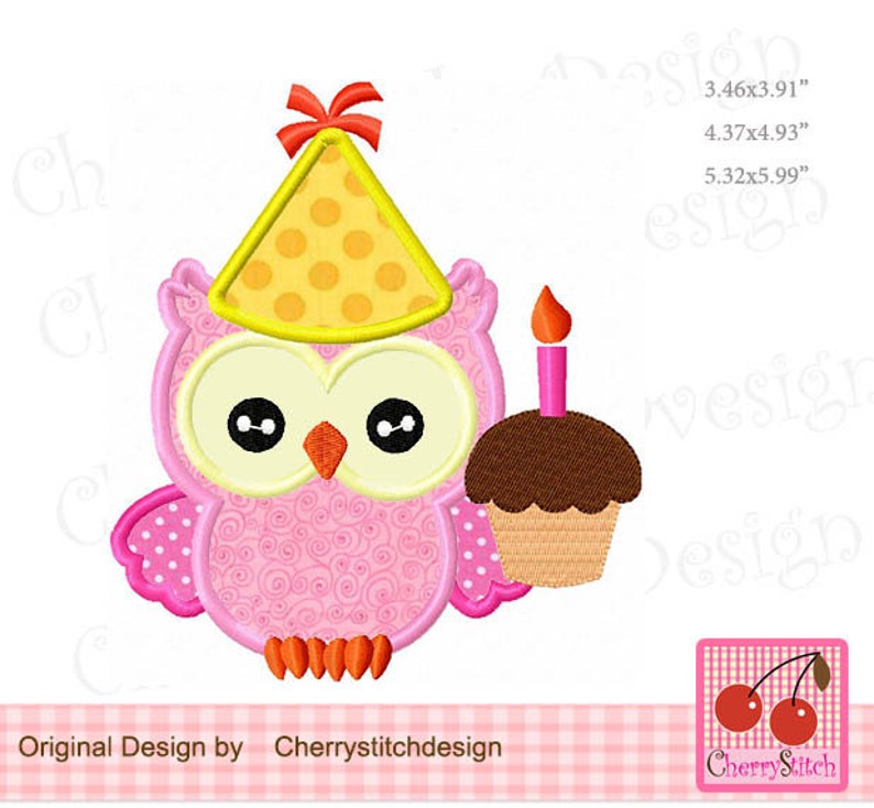 4x4 5x5 6x6 Birthday Owl Machine Embroidery Applique Design
