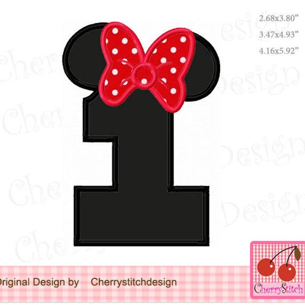 Number 1 Mouse ears number 1 Minnie Number 1 Birthday Machine Embroidery Applique Design - 4x4 5x5 6x6"