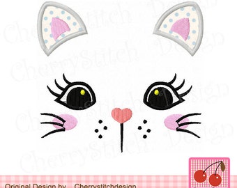 May include: Embroidered cat face design with pink ears, black eyelashes, and a pink heart nose. The design is perfect for creating cute and whimsical projects.