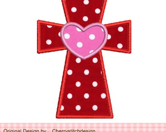 Cross with heart Machine Embroidery Applique -4x4 5x5"