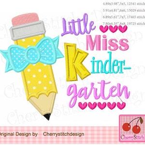 Back to School Little Miss Kindergarten Machine Embroidery Applique