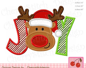 May include: A festive design featuring the word "JOY" with a reindeer face replacing the "O". The "J" is red with white stripes, and the "Y" is green with white stripes. The reindeer has brown antlers, a red nose, and a Santa hat. The design includes the text "Original Design by Cherrystitchdesign".