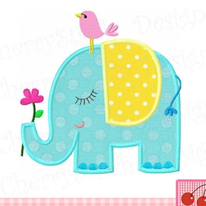 May include: A blue and white polka dot elephant with a yellow polka dot ear and a pink bird on top. The elephant is holding a pink flower.