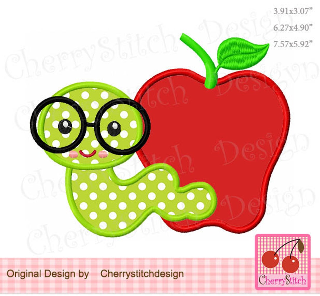 Back to School Embroidery, Book Worm School Apple Applique SCH058 - Etsy