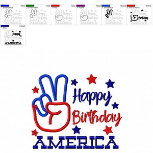 May include: A red, white, and blue peace sign with the words "Happy Birthday America" and stars around it.