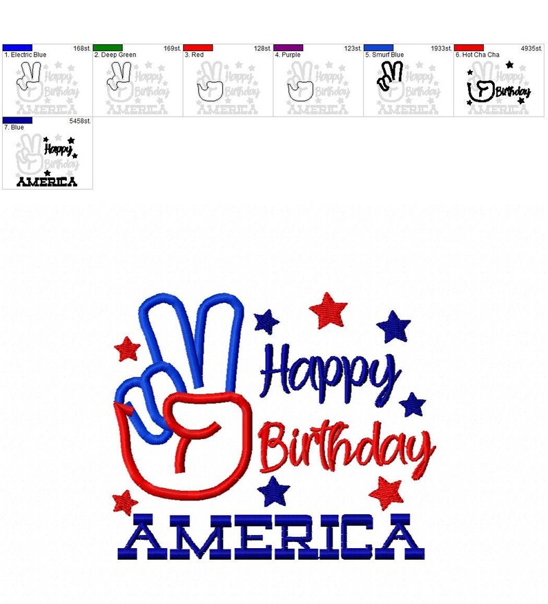 May include: A red, white, and blue peace sign with the words "Happy Birthday America" and stars around it.