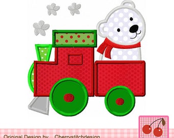 Train with polar bear Machine Embroidery Applique CH0017 - 4x4 5x5 6x6"
