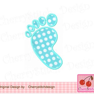 May include: A light blue baby footprint with white polka dots. The footprint is outlined in a darker blue.