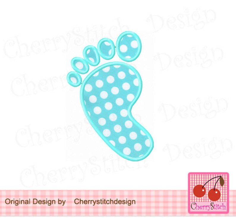 May include: A light blue baby footprint with white polka dots. The footprint is outlined in a darker blue.