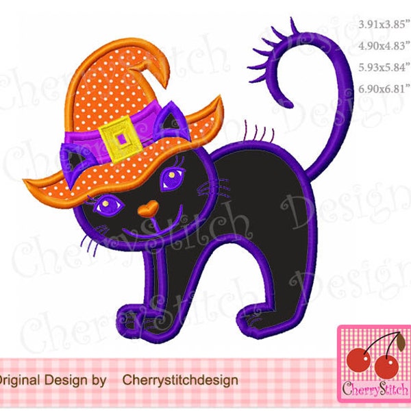 Halloween Black Cat Witch hat Black Cat Halloween Machine Embroidery Applique - for 4x4", 5x5", 6x6" and 7x7"