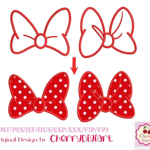 May include: Two red bow embroidery designs with white polka dots, shown as both simple outlines and filled patterns. A red arrow points downward between the top and bottom rows. Text includes file formats DST, PES, JEF, HUS, EXP, XXX, VIP, VP3.
