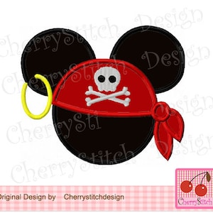 May include: Embroidered design of a black Mickey Mouse head wearing a red pirate hat with a white skull and crossbones. The hat has a red bandana tied around it.