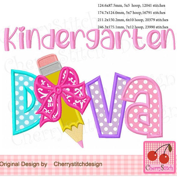 Back to School Kindergarten DIVA machine embroidery applique design SCH094