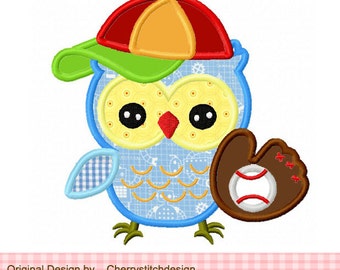 Baseball owl Machine Embroidery Applique Design 02 -4x4 5x5 6x6"