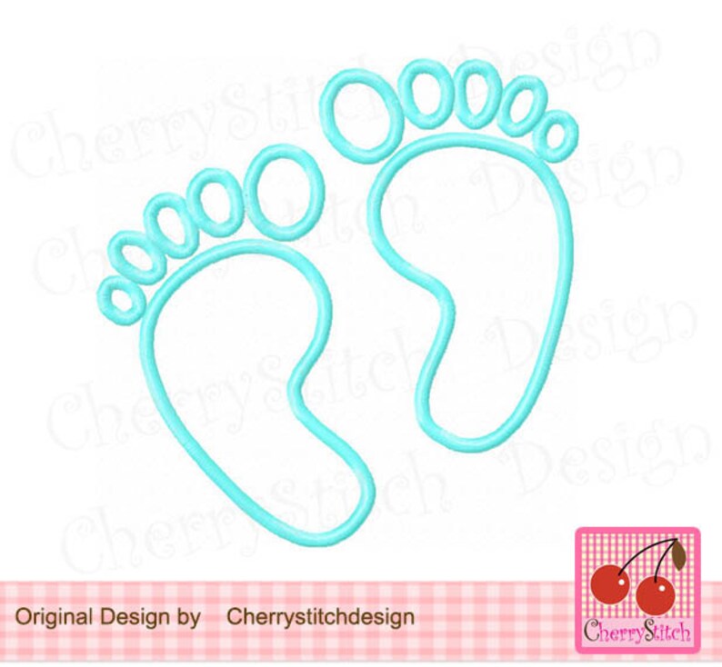May include: A pair of light blue baby footprints, outlined in white, on a white background.
