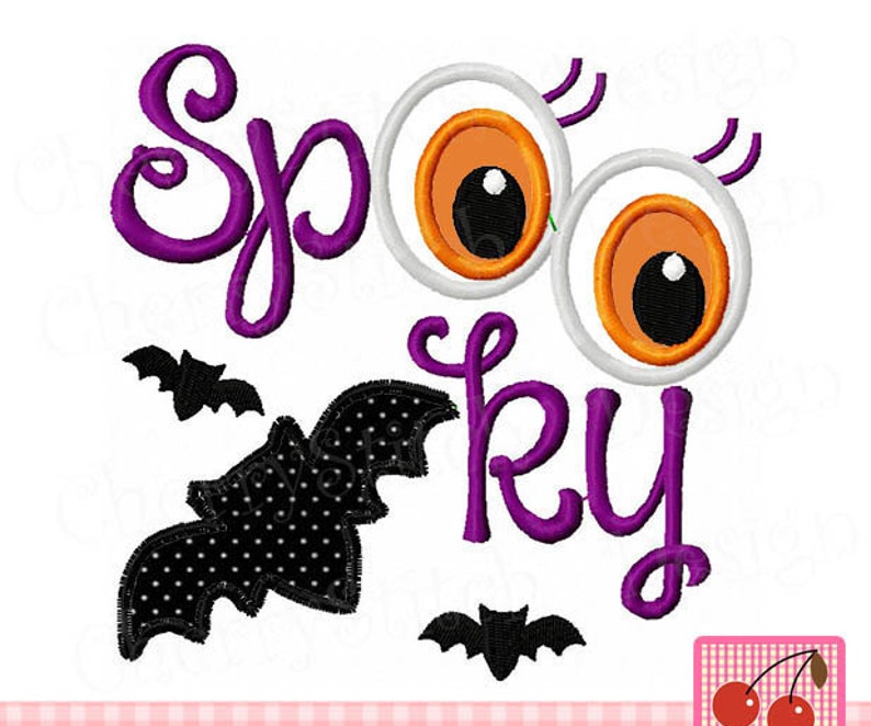 May include: Purple "Spooky" text with two large white eyes with orange pupils and black eyelashes. There are two black bats with white polka dots.