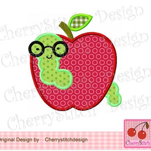 May include: A red apple with a green worm wearing glasses. The apple has a white and green checkered leaf on top. The worm is smiling and has a green body with white polka dots.
