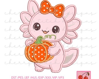 Axolotl Pumpkin Applique Embroidery Design, Fall Halloween Kids Digital Download