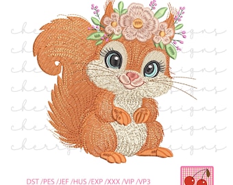Floral Squirrel Embroidery File, Woodland Animal Design for Shirts, Baby Clothes & Sewing Projects