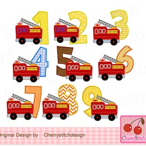 Firetruck numbers Transportation Birthday Machine Embroidery Applique Design-4x4 5x5 6x6 inch