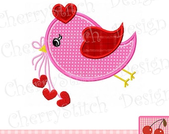 Bird with hearts Valentine's Day Machine Embroidery Applique