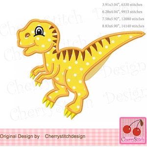 May include: Yellow dinosaur applique with white polka dots. The dinosaur is standing on its hind legs with its tail raised. The applique is suitable for embroidery projects.