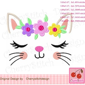 Kitty Face Kitty Cat with Flowers Machine Embroidery Design