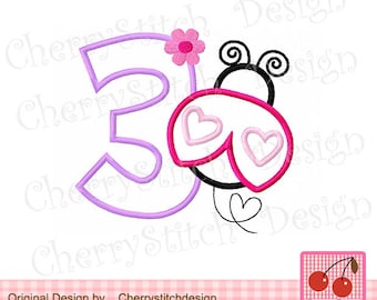 Ladybug Number 3 Machine Embroidery Applique Design- for 4x4,5x7 and 6x10 hoop