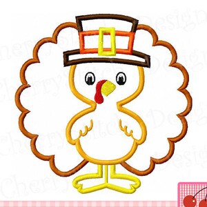 May include: A cartoon turkey wearing a pilgrim hat, outlined in yellow and brown. The turkey has a red wattle and a yellow beak. The design is surrounded by a brown, scalloped border. The image has a white background and is likely for Thanksgiving.