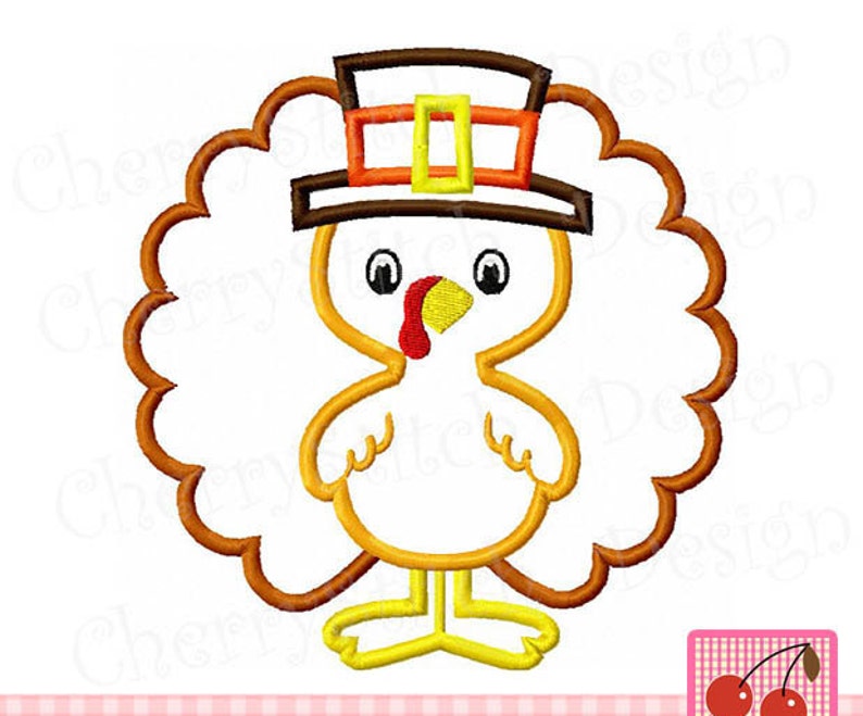 May include: A cartoon turkey wearing a pilgrim hat, outlined in yellow and brown. The turkey has a red wattle and a yellow beak. The design is surrounded by a brown, scalloped border. The image has a white background and is likely for Thanksgiving.