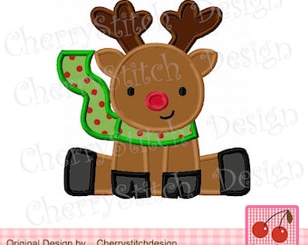 May include: A cartoon reindeer with brown antlers, a green scarf with red polka dots, and black boots. The reindeer is sitting down with a red nose and a happy expression.