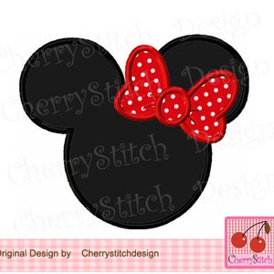 May include: Black and white silhouette of Mickey Mouse ears with a red bow with white polka dots. The bow is on top of the ears.