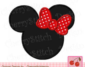 May include: Black and white silhouette of Mickey Mouse ears with a red bow with white polka dots. The bow is on top of the ears.