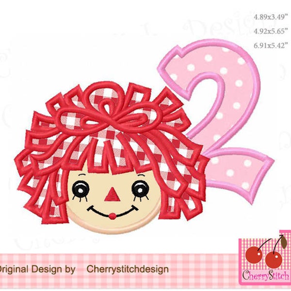 Raggedy Ann Number 2  Machine Embroidery Applique Design - 5x5", 6x6", 7x7"