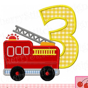 Fire Truck machine embroidery, number 3 Birthday Applique
