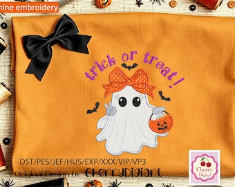 Trick or Treat Ghost Girl Applique Embroidery, Peace Sign Bow Halloween Machine Stitch File