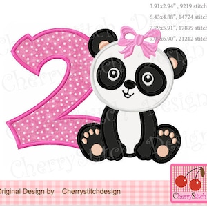 Panda Number 2, Panda Birthday number 2 Machine Embroidery Applique Design