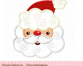 May include: A white and red cartoon Santa Claus face with a white curly beard and a red hat. The face has a white outline and a white background.