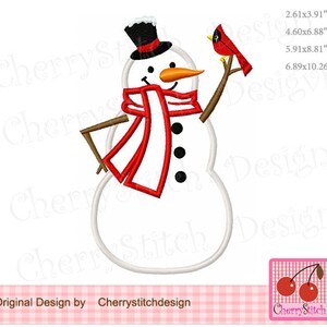 May include: A white snowman with a red scarf and black buttons, wearing a black top hat. The snowman is holding a red cardinal bird in its right hand.